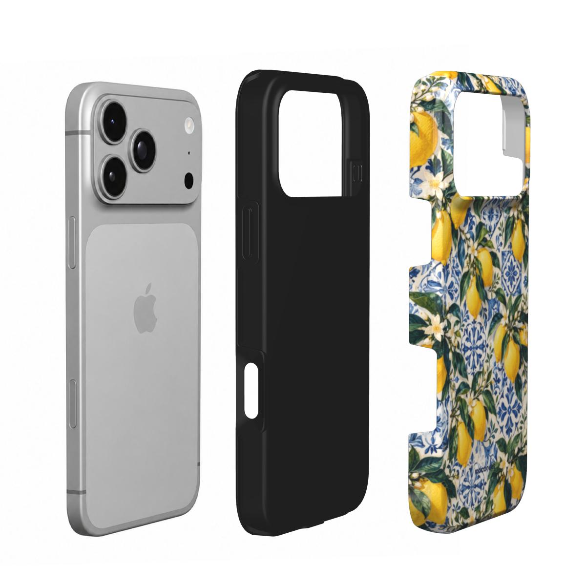 Coque Prestige Limone en vue éclatée : téléphone, couche intérieure souple et coque extérieure imprimée