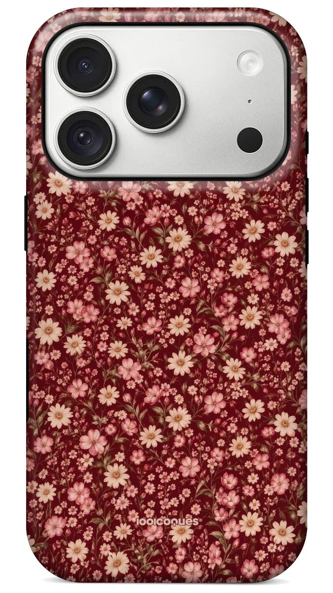 Coque Prestige Bordeaux Bloom vue de dos : une pluie de petites fleurs roses sur fond bordeaux