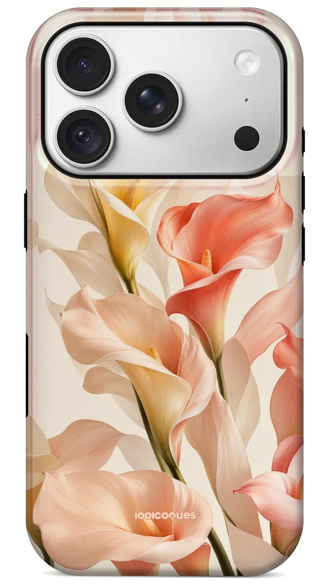 Coque Prestige Calla vue de dos : des arums crème et pêche sur fond clair