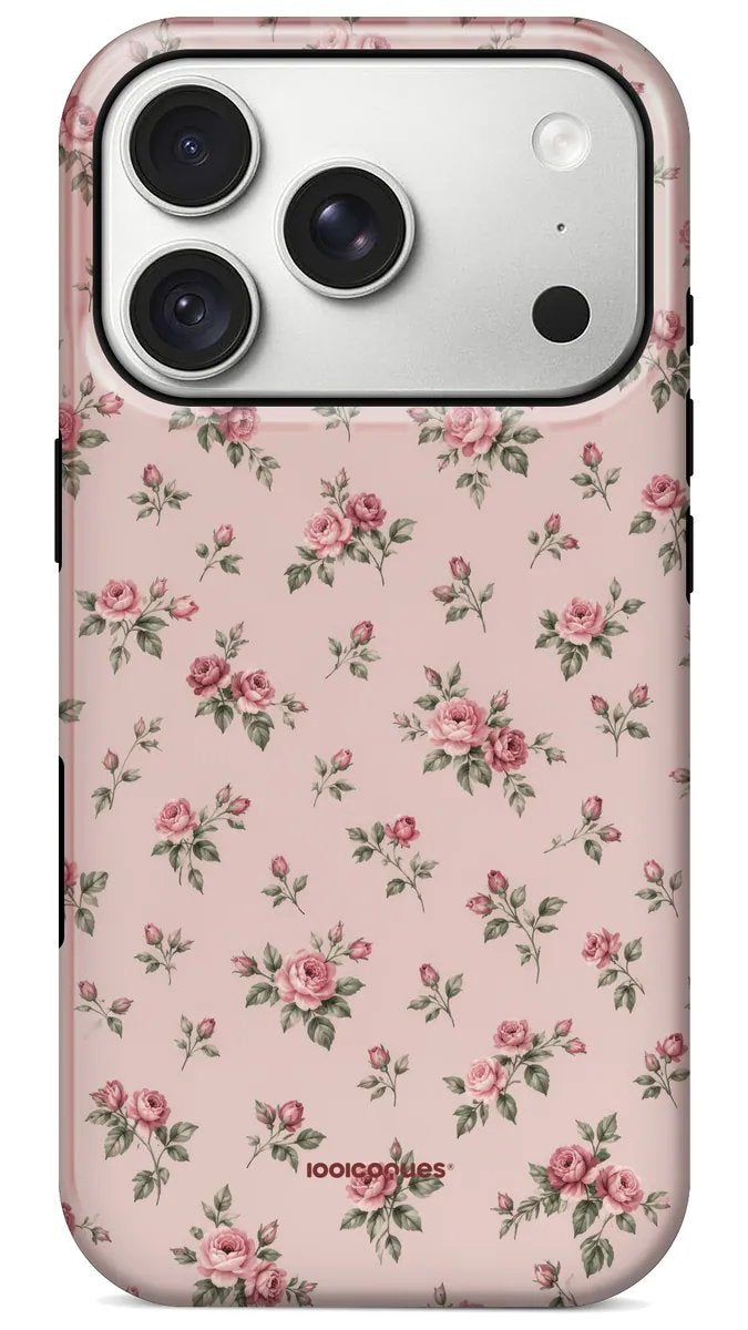 Coque Prestige Mini Rose vue de dos : de petites roses éparpillées sur fond rose pâle