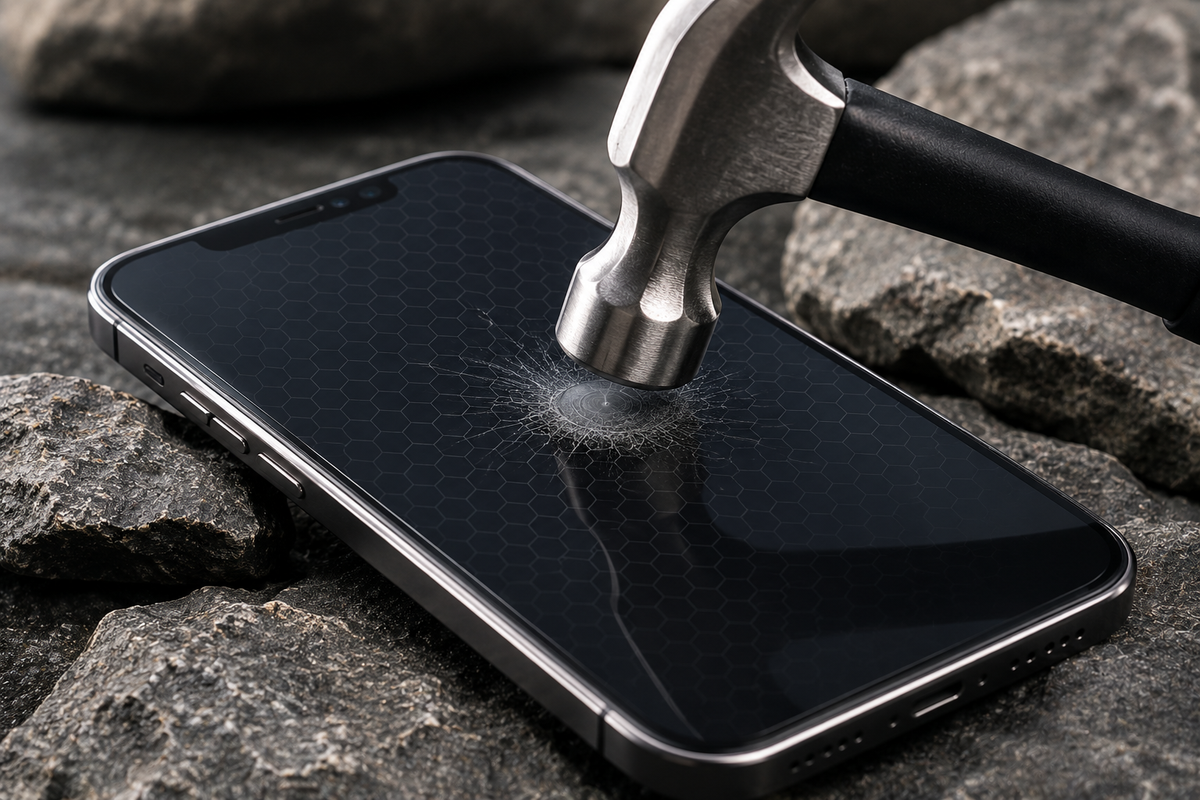 Marteau frappant l'écran d'un smartphone protégé par un film en verre trempé