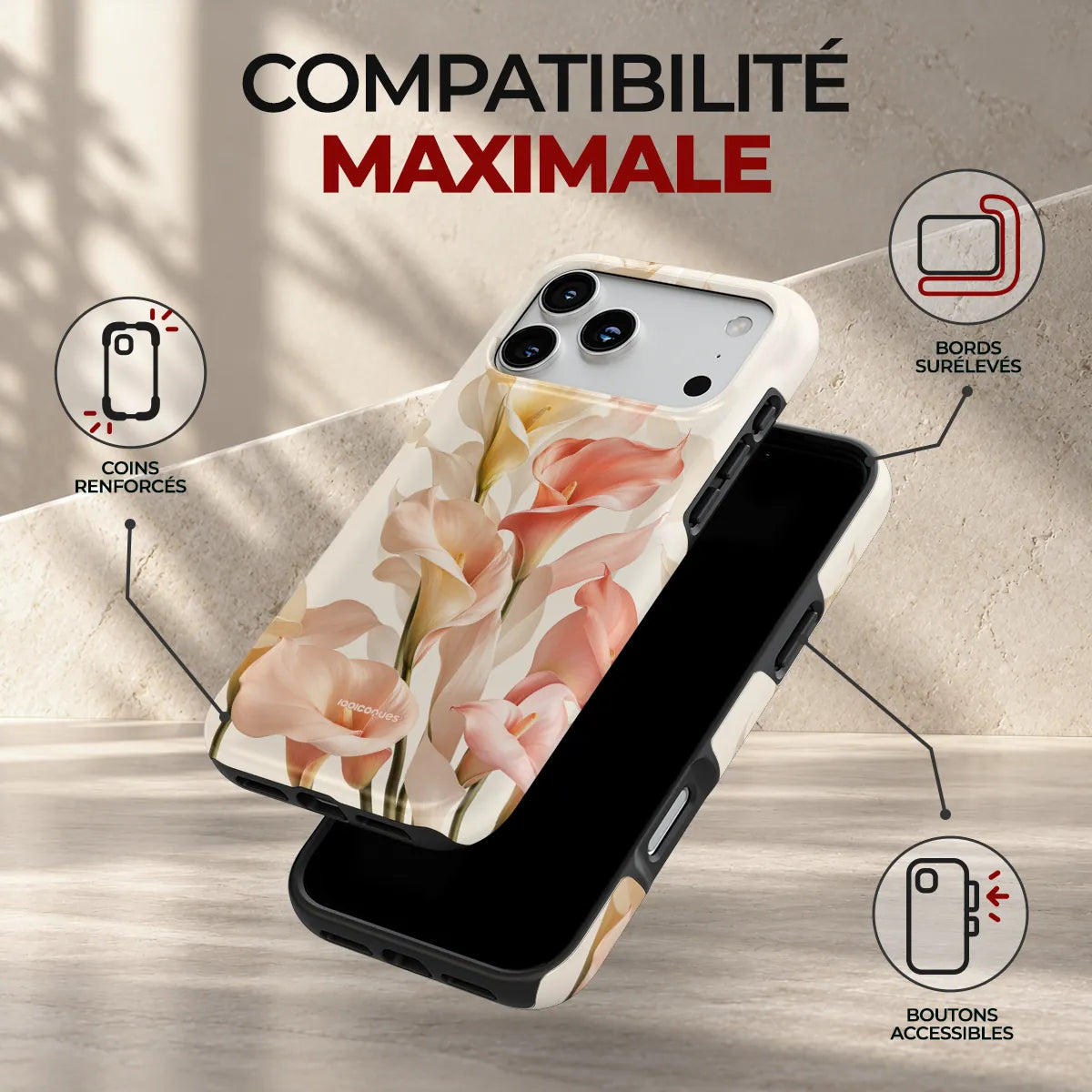 Coque Prestige Calla, compatibilité maximale : coins renforcés, bords surélevés et boutons accessibles