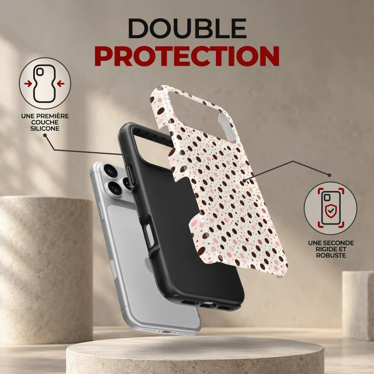 Coque Prestige Confetti, double protection : une première couche en silicone souple et une seconde coque rigide et robuste