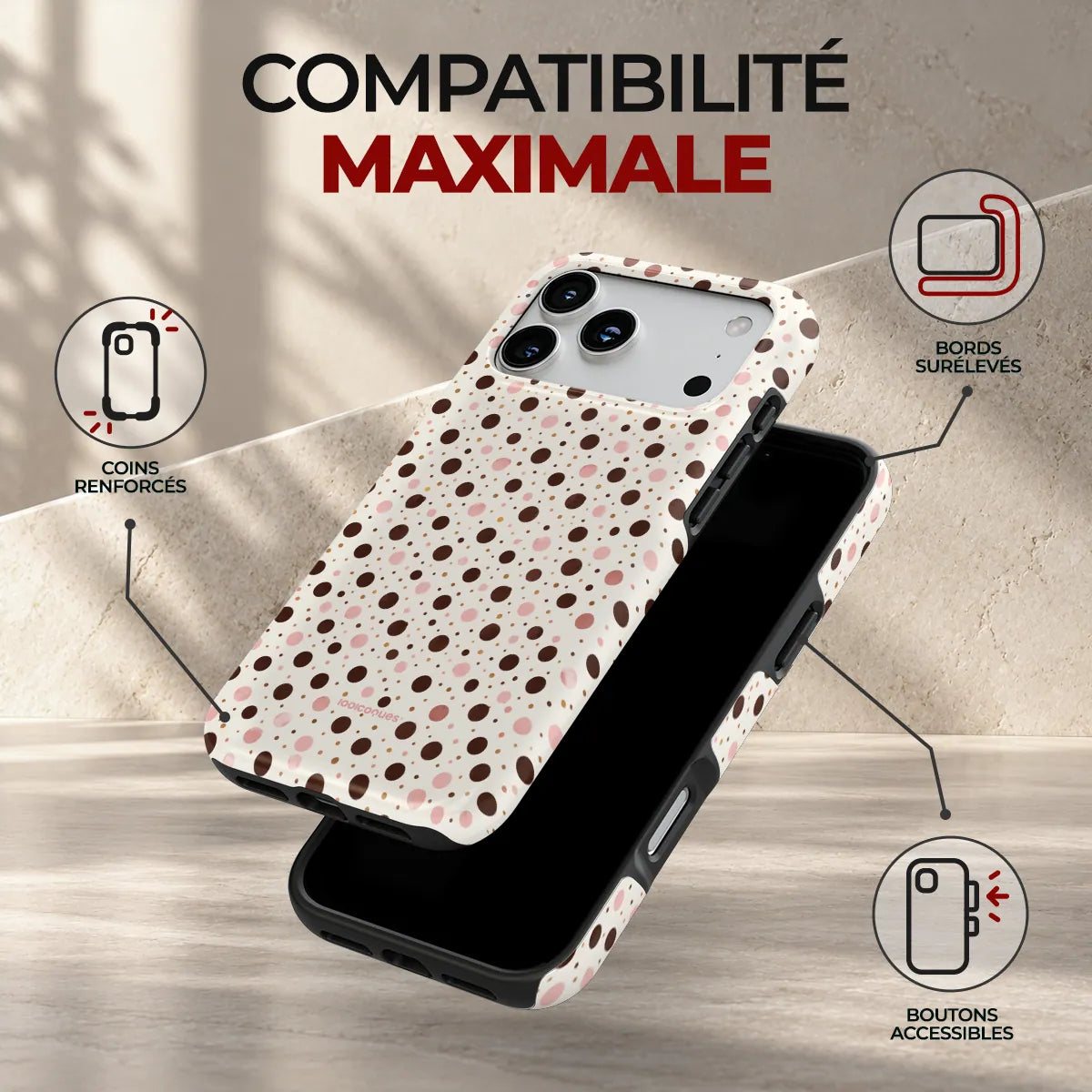 Coque Prestige Confetti, compatibilité maximale : coins renforcés, bords surélevés et boutons accessibles