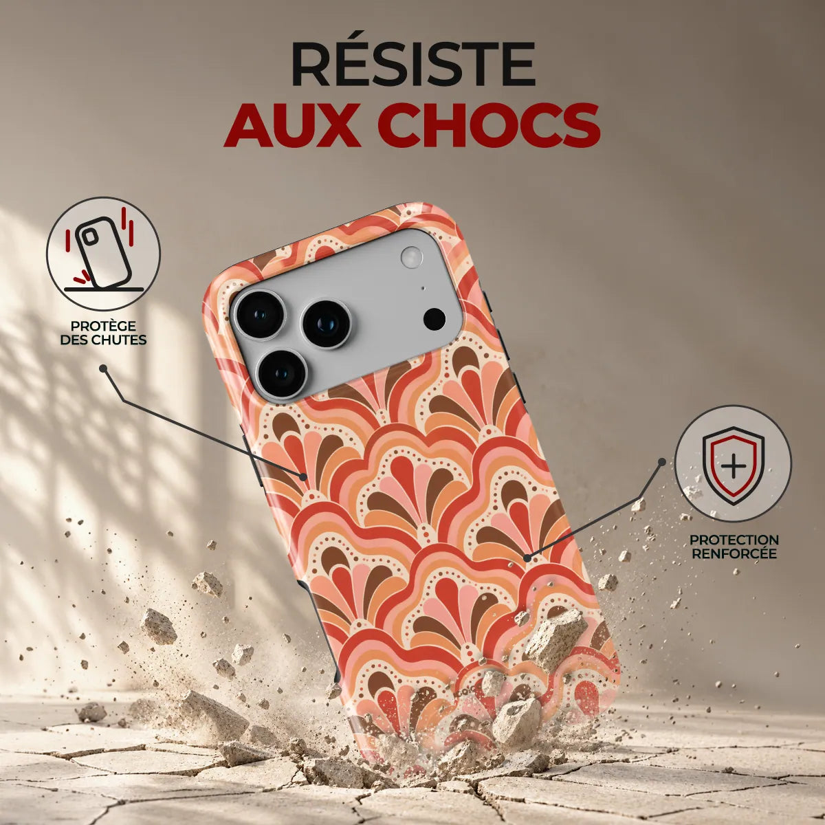 Coque Prestige Corail, résiste aux chocs : protège des chutes, protection renforcée
