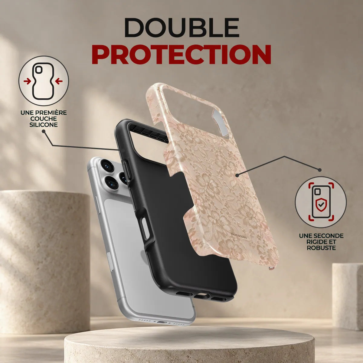 Coque Prestige Dentelle Crème, double protection : une première couche en silicone souple et une seconde coque rigide et robuste