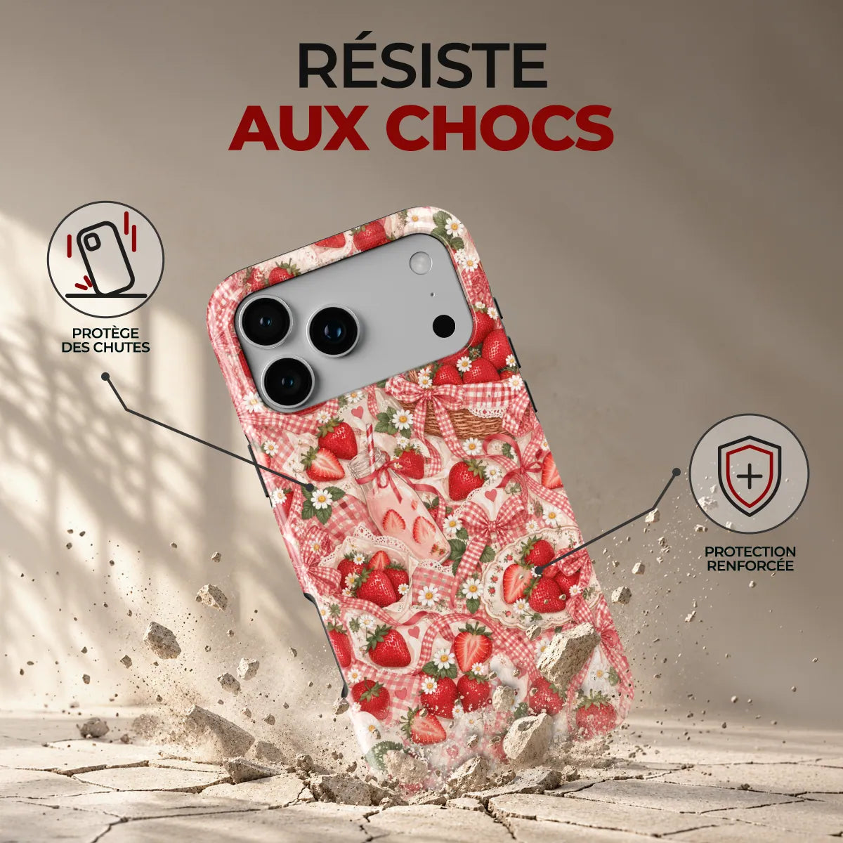 Coque Prestige Fraise, résiste aux chocs : protège des chutes, protection renforcée