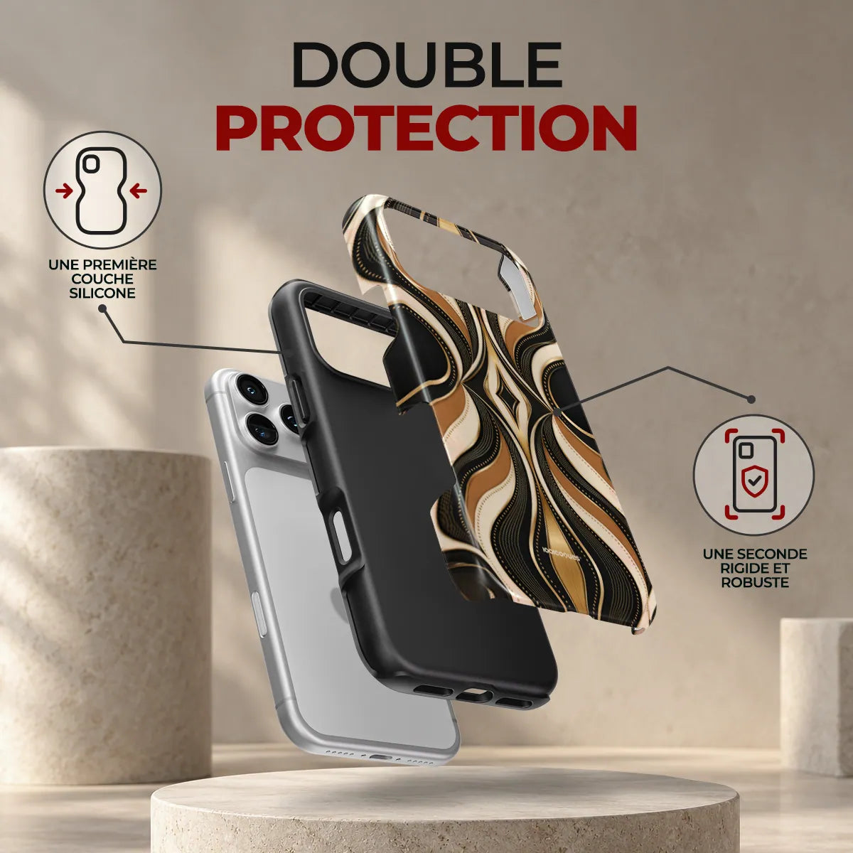 Coque Prestige Gatsby, double protection : une première couche en silicone souple et une seconde coque rigide et robuste