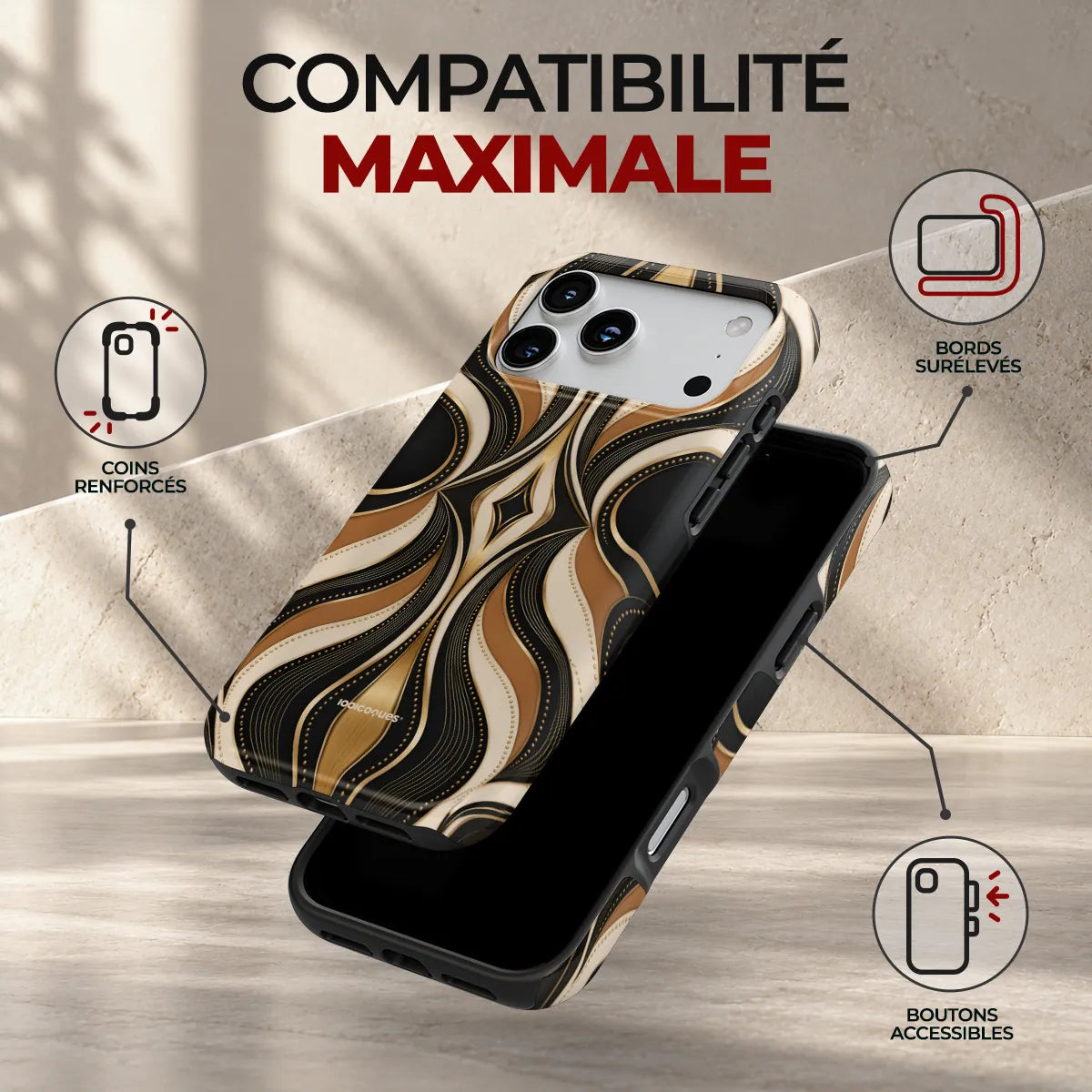 Coque Prestige Gatsby, compatibilité maximale : coins renforcés, bords surélevés et boutons accessibles