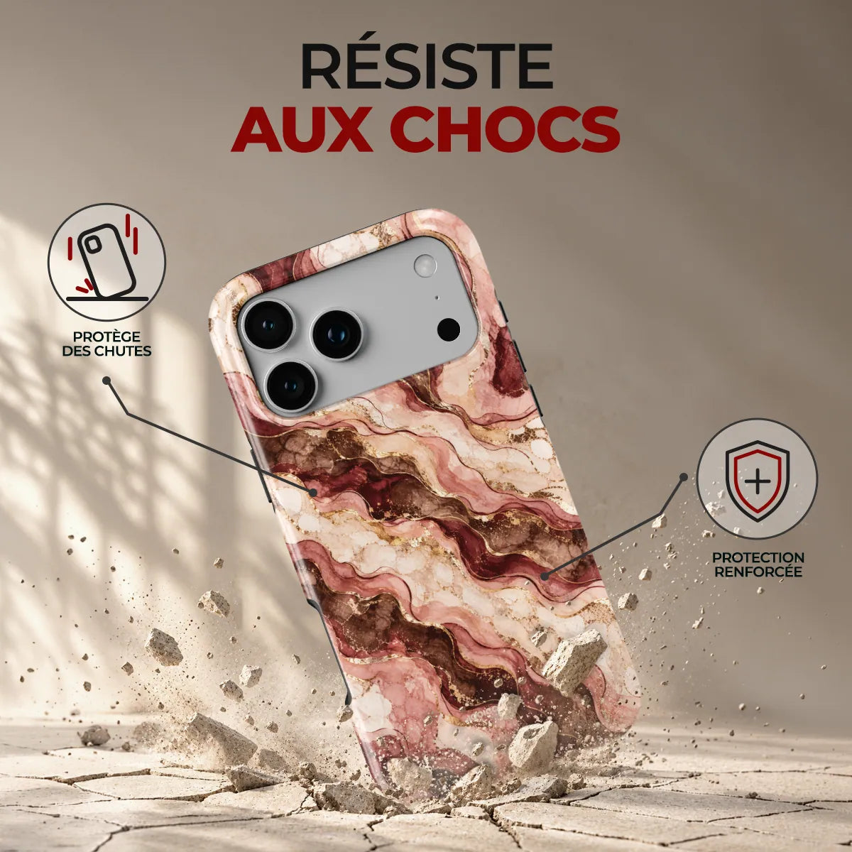 Coque Prestige Grenat, résiste aux chocs : protège des chutes, protection renforcée