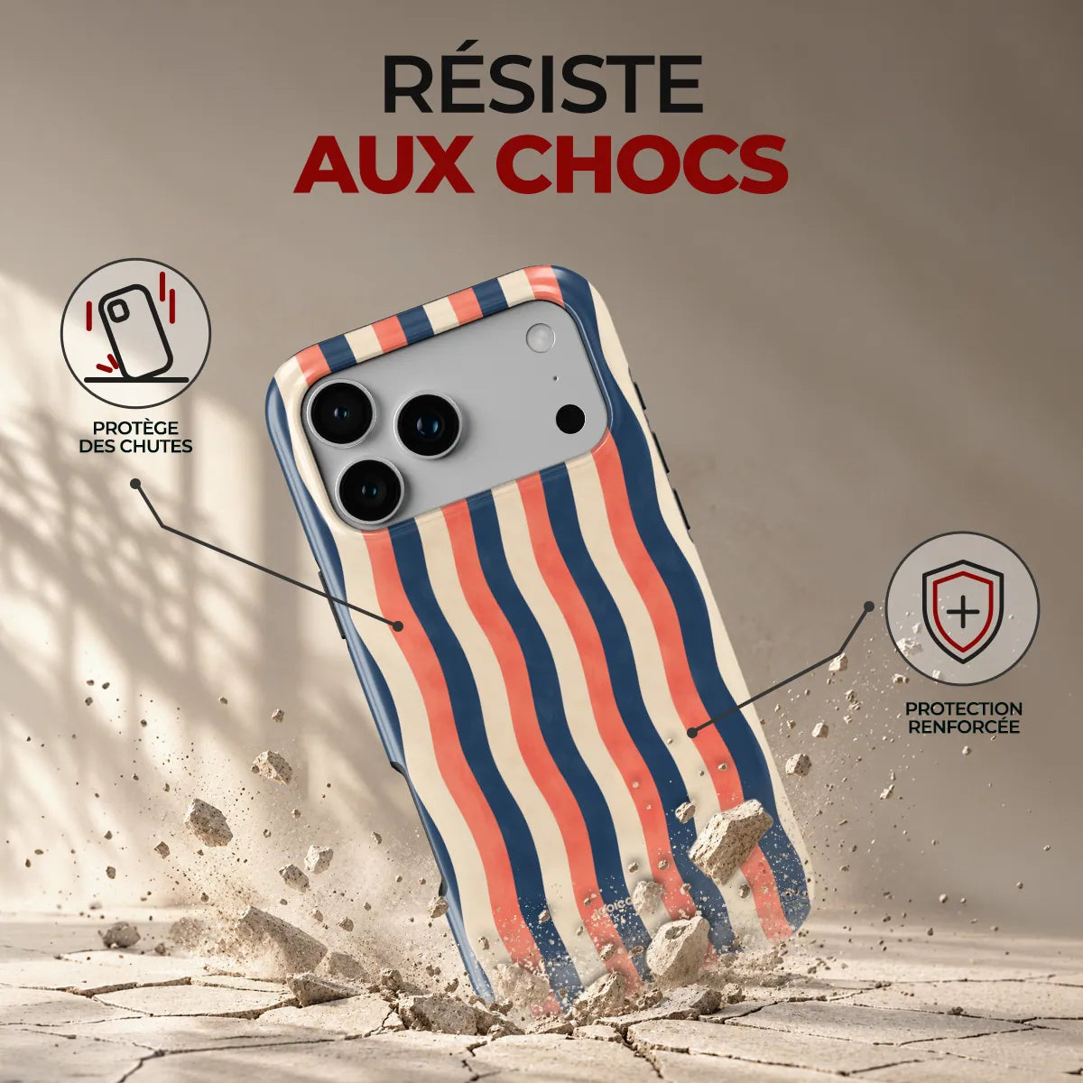 Coque Prestige Marinière, résiste aux chocs : protège des chutes, protection renforcée