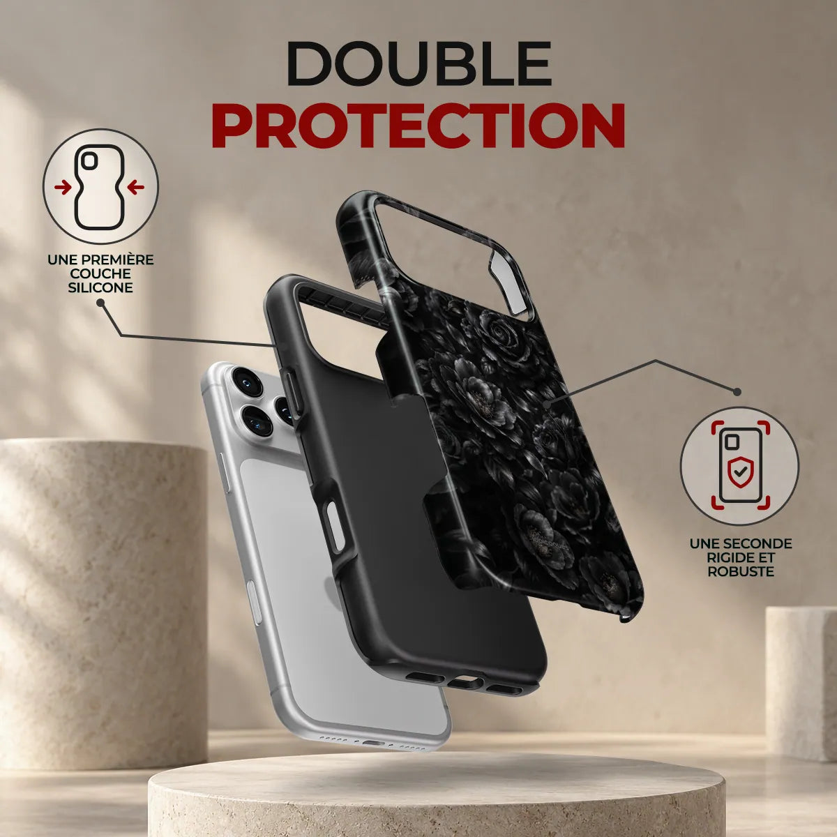 Coque Prestige Minuit, double protection : une première couche en silicone souple et une seconde coque rigide et robuste