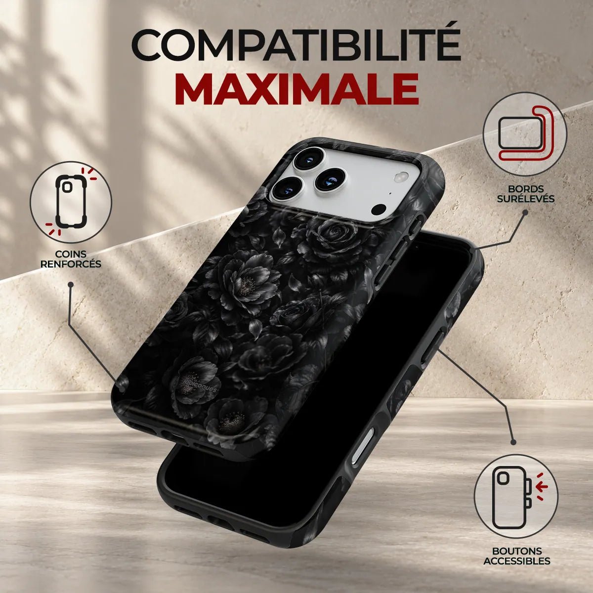 Coque Prestige Minuit, compatibilité maximale : coins renforcés, bords surélevés et boutons accessibles