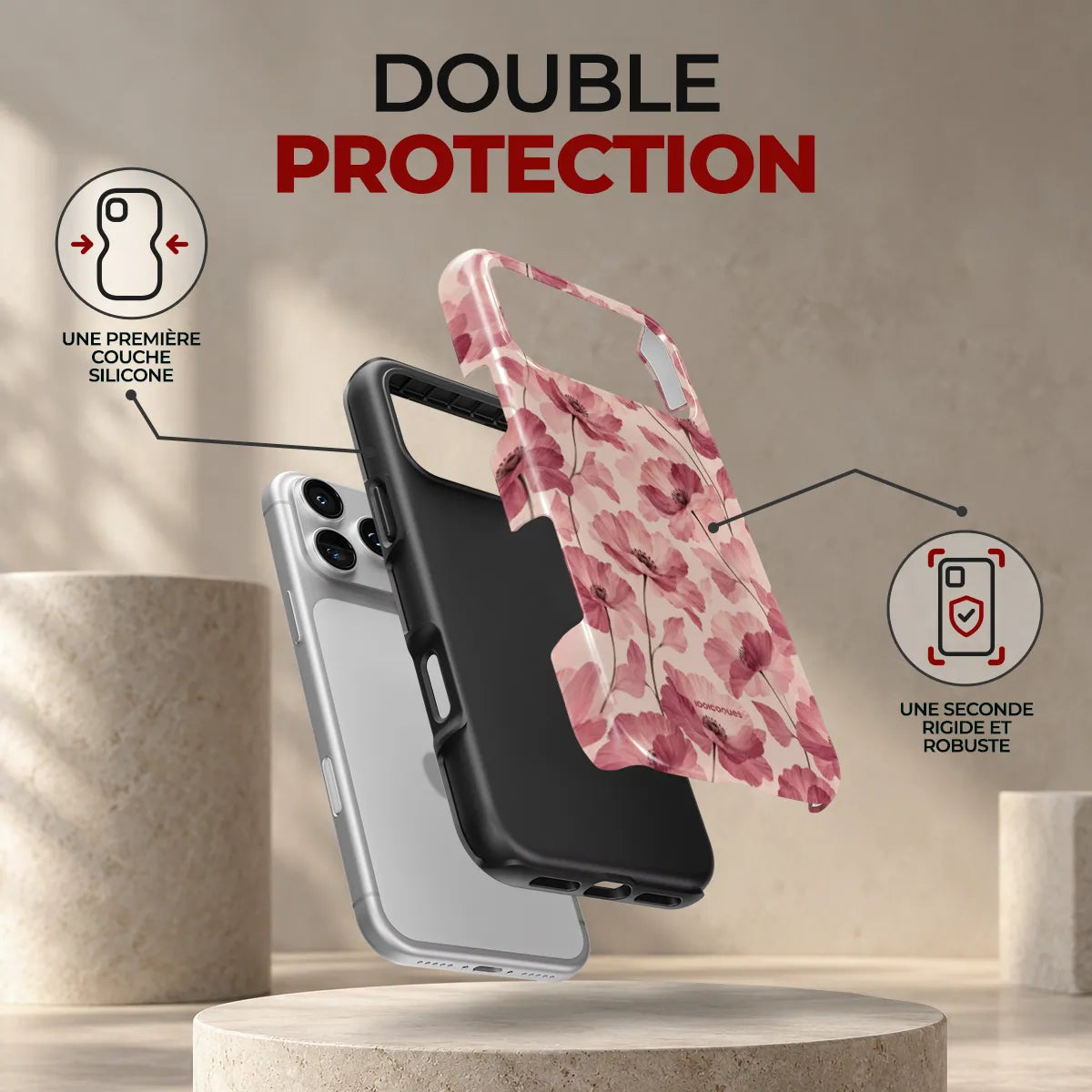 Coque Prestige Pétales, double protection : une première couche en silicone souple et une seconde coque rigide et robuste
