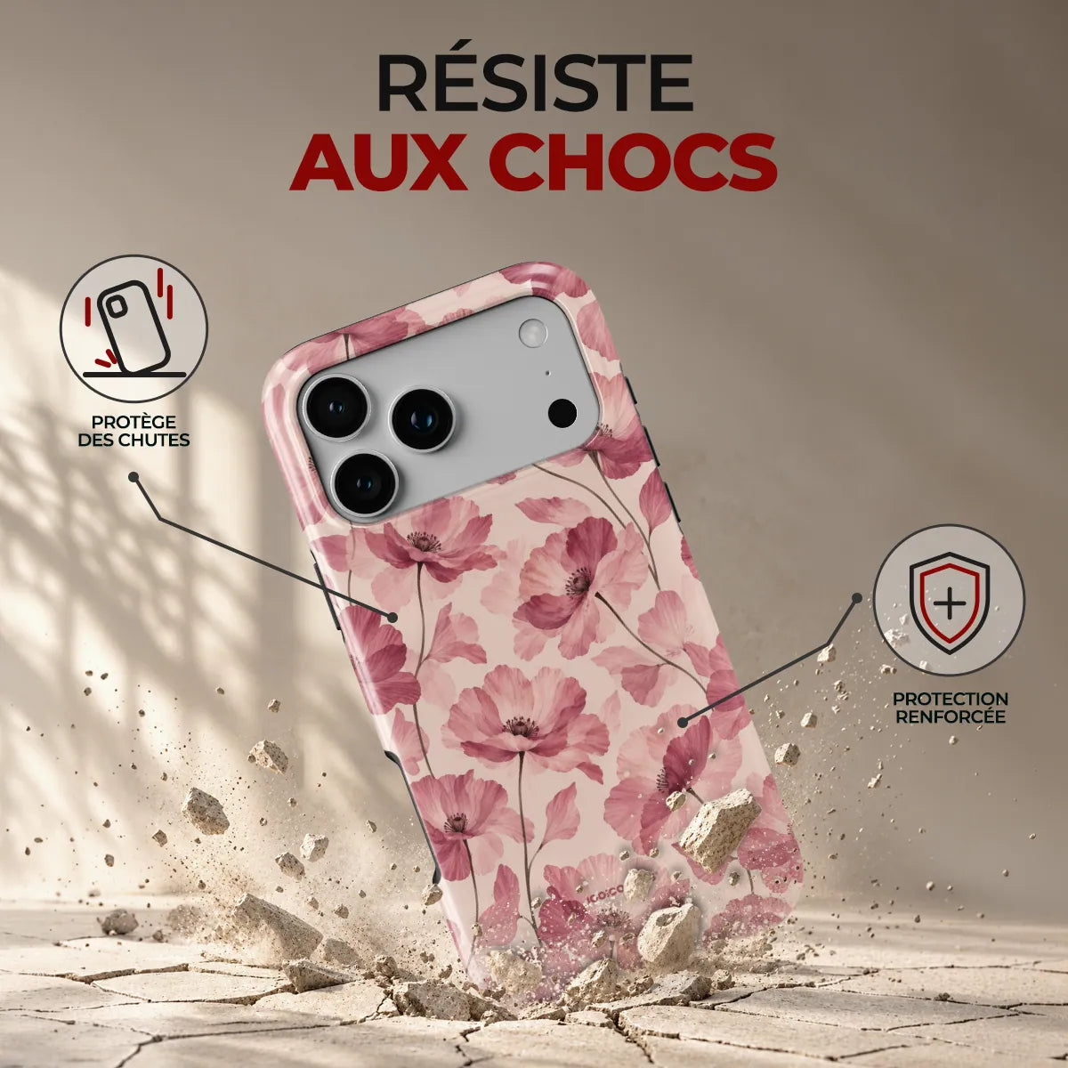 Coque Prestige Pétales, résiste aux chocs : protège des chutes, protection renforcée