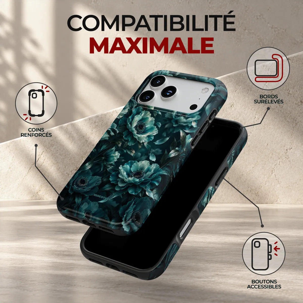 Coque Prestige Pétrole, compatibilité maximale : coins renforcés, bords surélevés et boutons accessibles