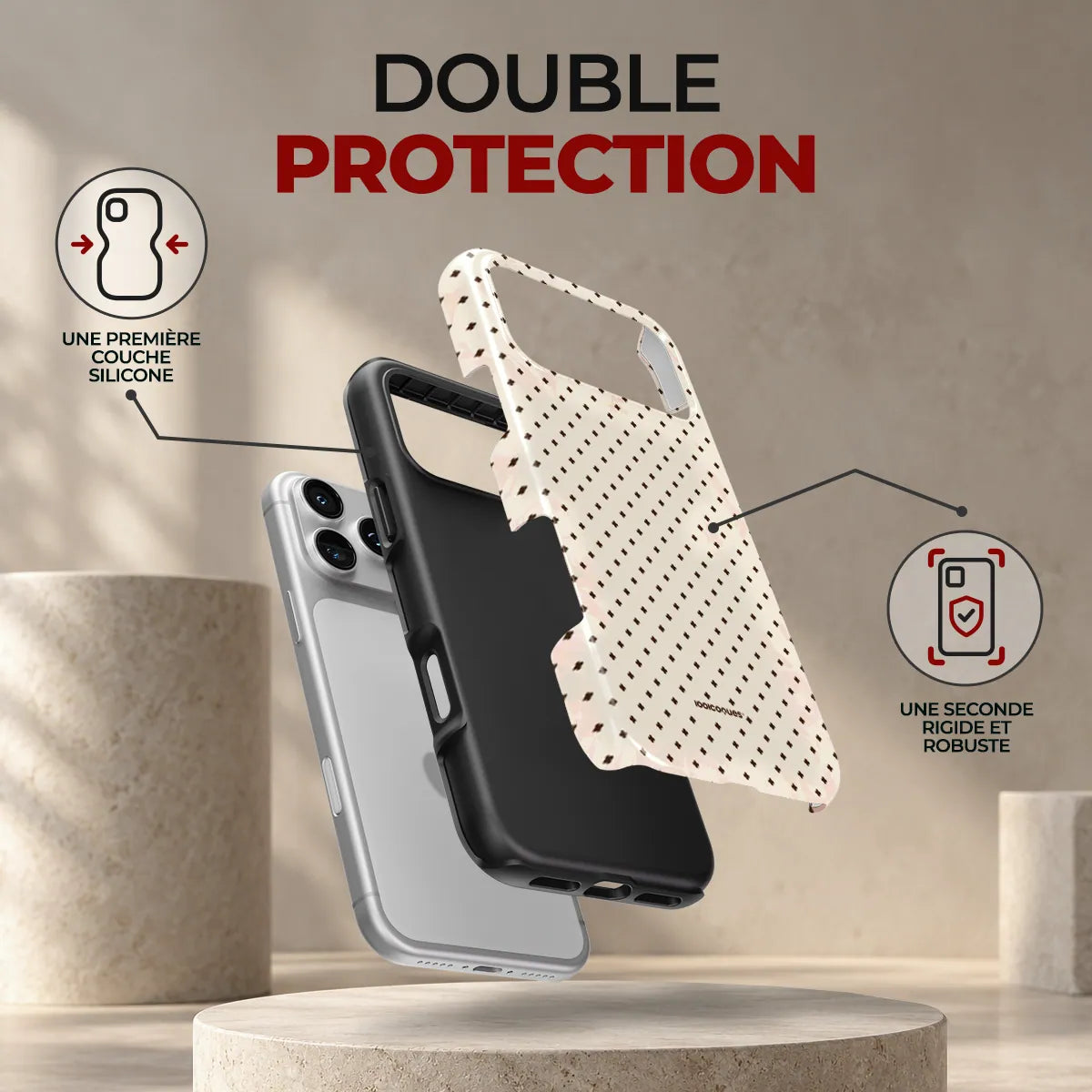 Coque Prestige Pois Crème, double protection : une première couche en silicone souple et une seconde coque rigide et robuste