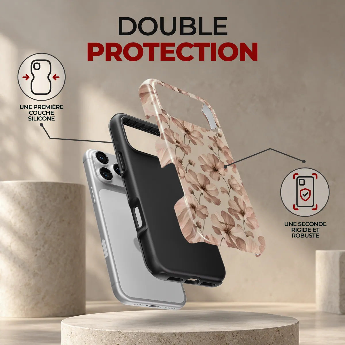 Coque Prestige Sépia, double protection : une première couche en silicone souple et une seconde coque rigide et robuste