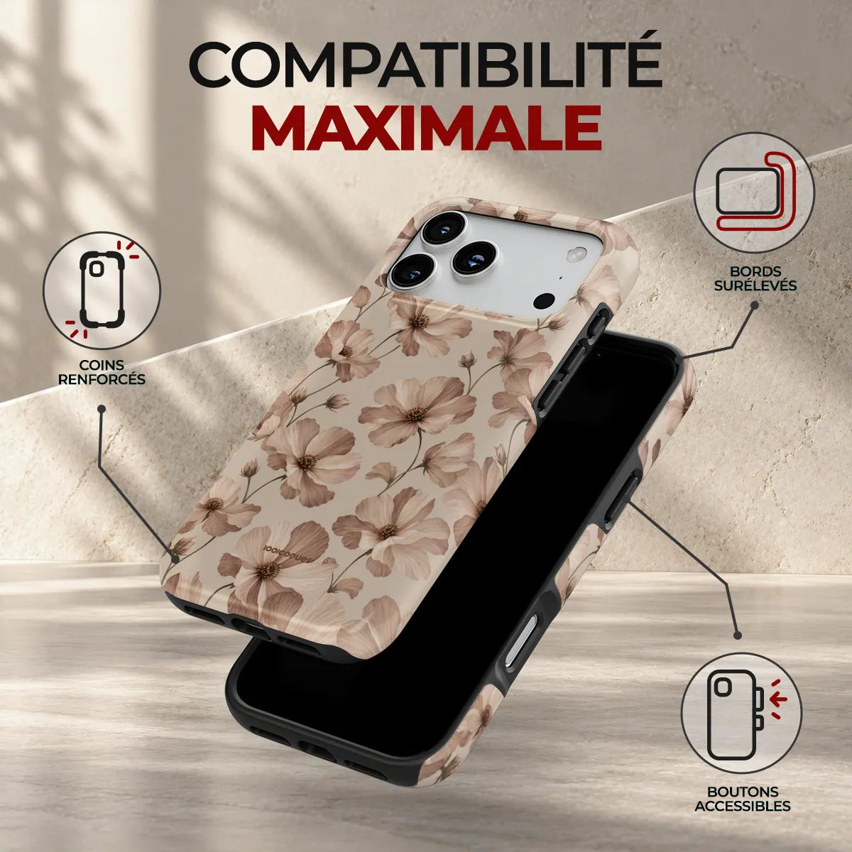 Coque Prestige Sépia, compatibilité maximale : coins renforcés, bords surélevés et boutons accessibles