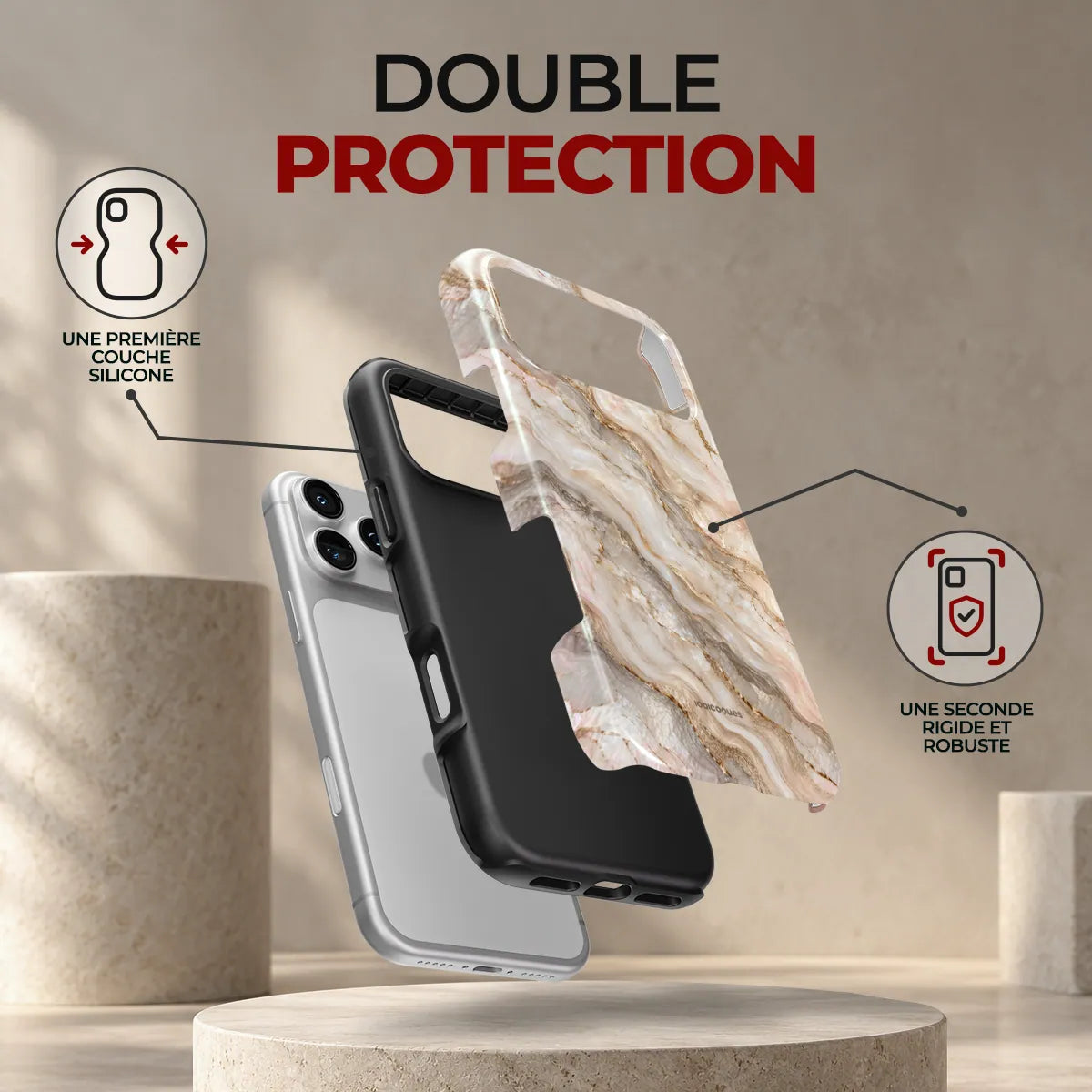 Coque Prestige Travertin, double protection : une première couche en silicone souple et une seconde coque rigide et robuste