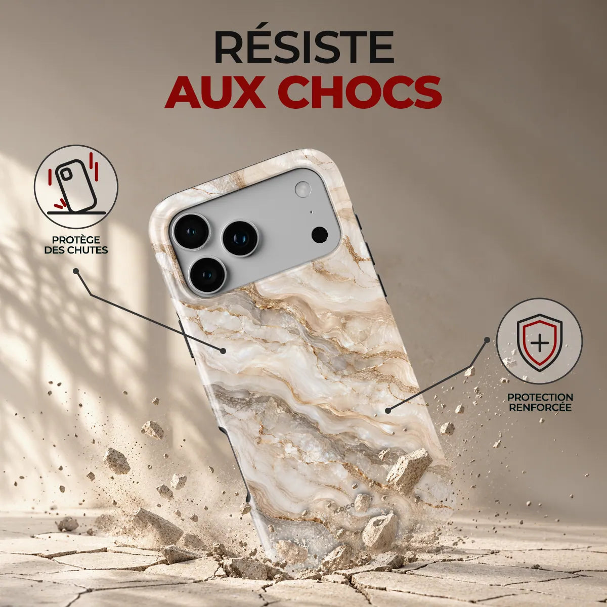 Coque Prestige Travertin, résiste aux chocs : protège des chutes, protection renforcée