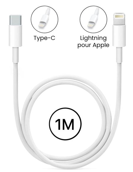 Câble USB Type-C vers Lightning 2m 20W 3A - Blanc