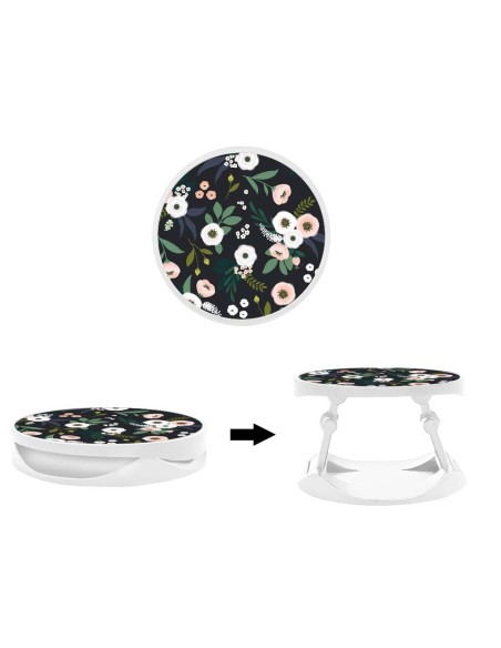 Grip imprimé pour téléphone | Design Flowers Noir | Poignée et support smartphone