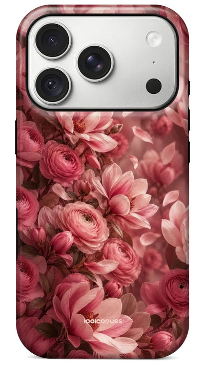 Coque Prestige Blush vue de dos : une cascade de renoncules rose poudré