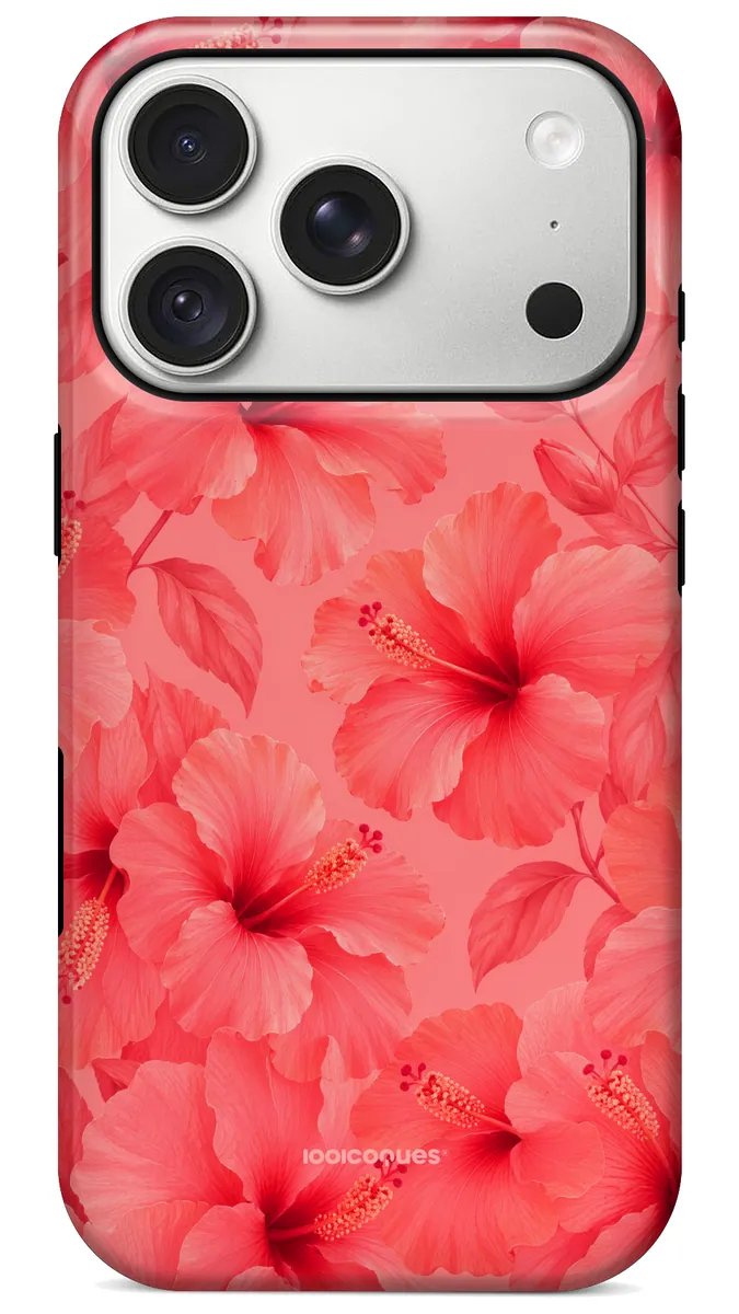 Coque Prestige Hibiscus vue de dos : des fleurs d'hibiscus corail éclatantes
