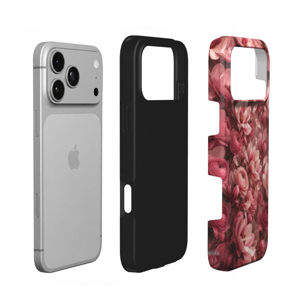 Coque Prestige Blush en vue éclatée : téléphone, couche intérieure souple et coque extérieure imprimée