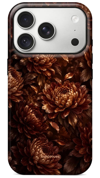 Coque Prestige Bronze vue de dos : des chrysanthèmes aux reflets cuivrés sur fond sombre