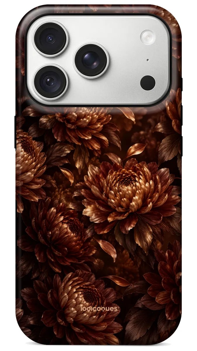 Coque Prestige Bronze vue de dos : des chrysanthèmes aux reflets cuivrés sur fond sombre