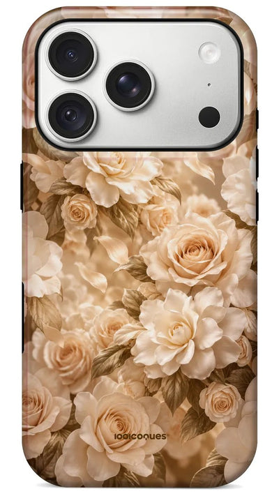 Coque Prestige Ivoire vue de dos : un tapis de roses ivoire et de feuillage doré