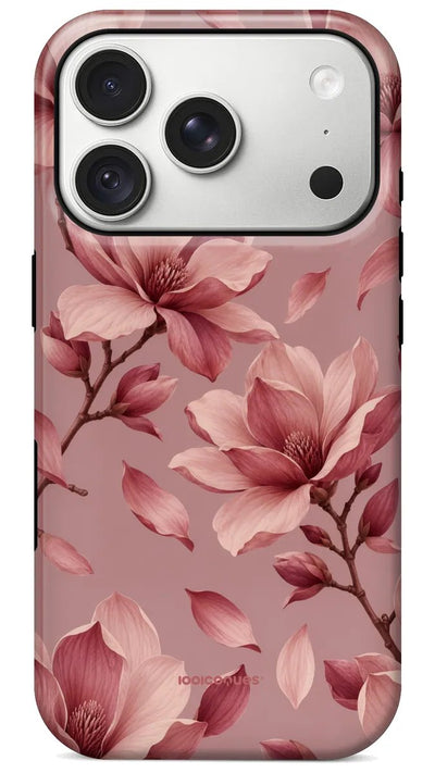 Coque Prestige Magnolia vue de dos : des branches de magnolia rose tendre sur fond poudré