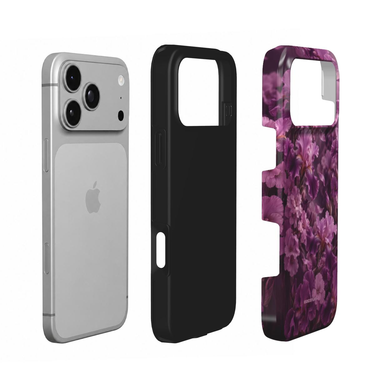 Coque Prestige Lilas en vue éclatée : téléphone, couche intérieure souple et coque extérieure imprimée