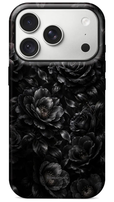Coque Prestige Minuit vue de dos : des roses noires ton sur ton, un floral sombre et sophistiqué