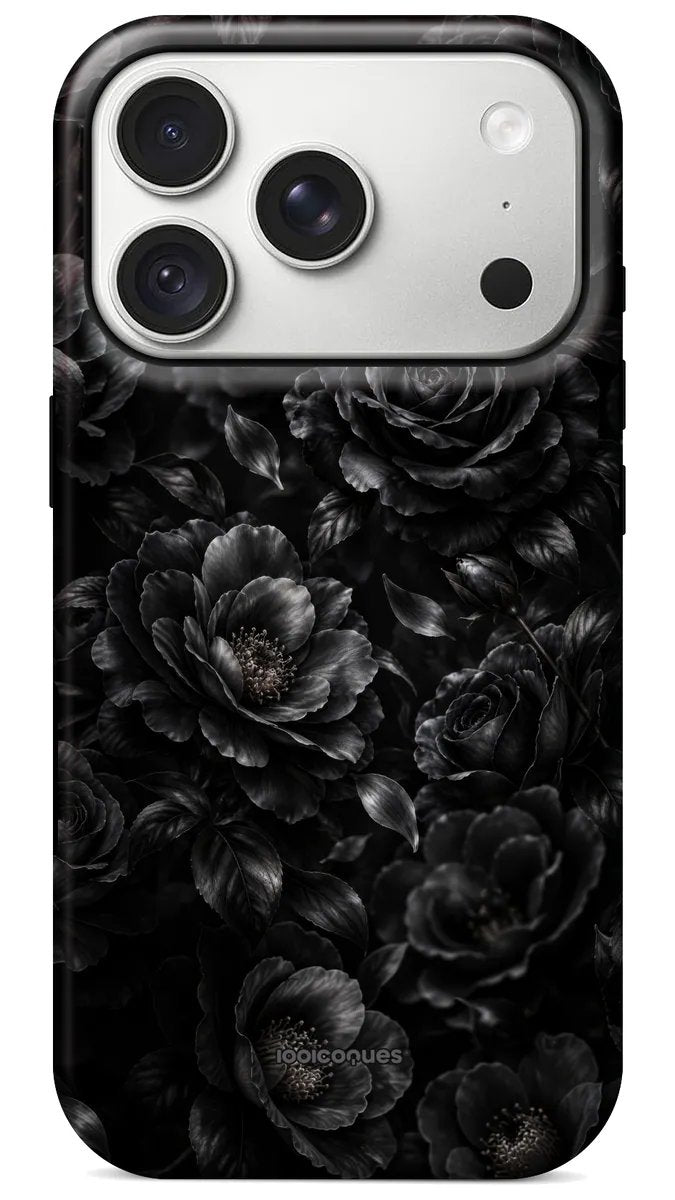 Coque Prestige Minuit vue de dos : des roses noires ton sur ton, un floral sombre et sophistiqué
