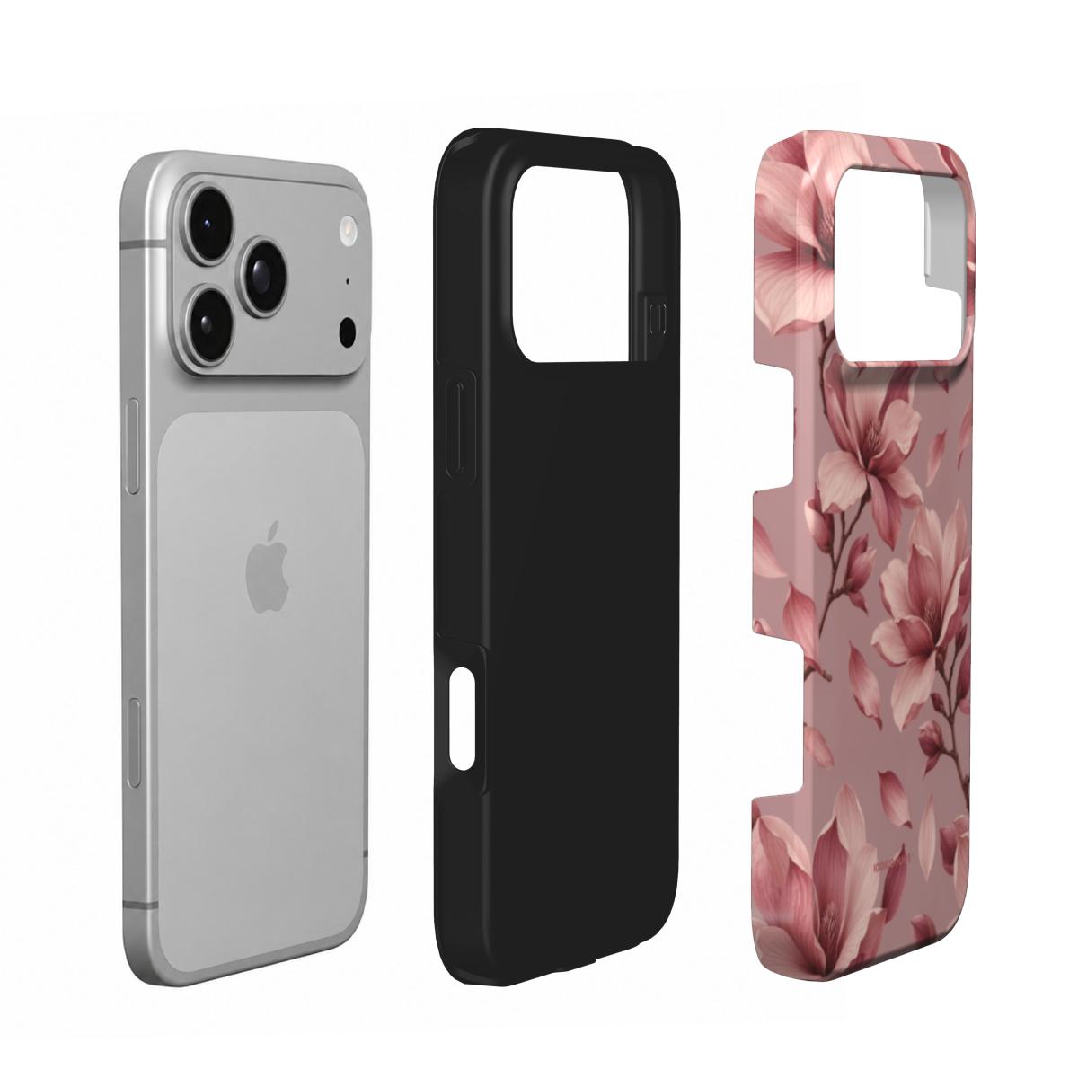Coque Prestige Magnolia en vue éclatée : téléphone, couche intérieure souple et coque extérieure imprimée