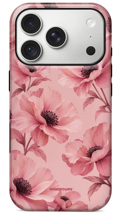 Coque Prestige Pavot Rose vue de dos : des coquelicots roses au cœur noir sur fond pastel