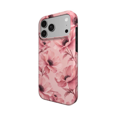 Coque Prestige Pavot Rose vue de trois quarts, avec le rebord de la coque