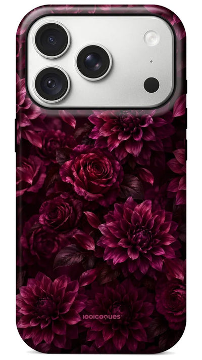 Coque Prestige Prune vue de dos : des dahlias couleur prune et framboise