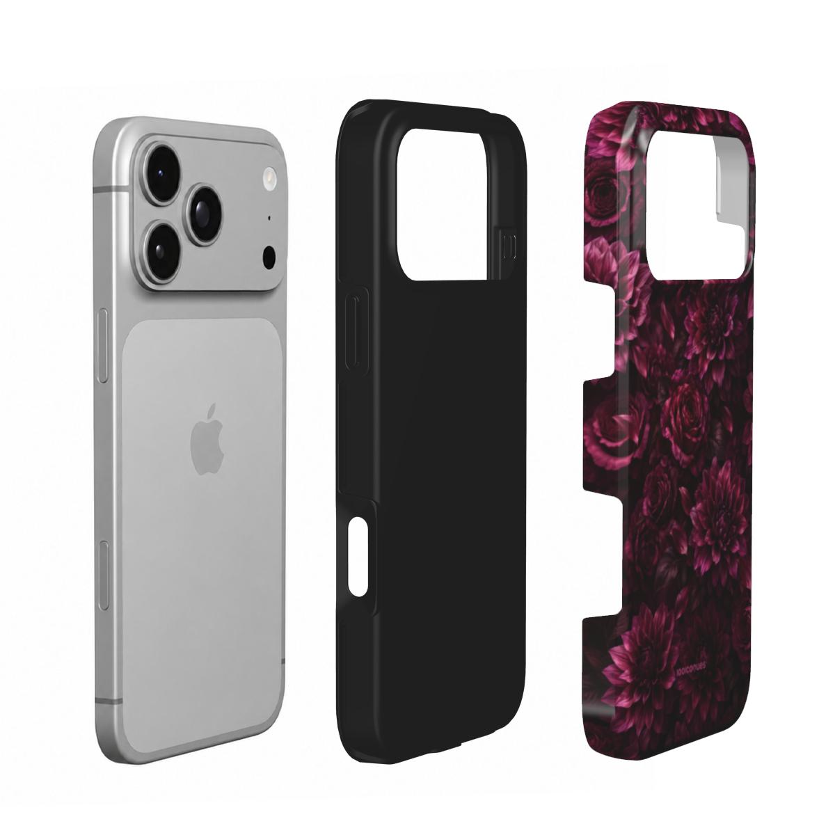 Coque Prestige Prune en vue éclatée : téléphone, couche intérieure souple et coque extérieure imprimée