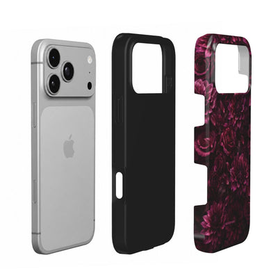 Coque Prestige Prune en vue éclatée : téléphone, couche intérieure souple et coque extérieure imprimée