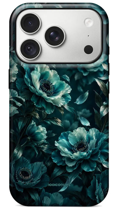 Coque Prestige Pétrole vue de dos : des pivoines bleu pétrole sur fond nuit