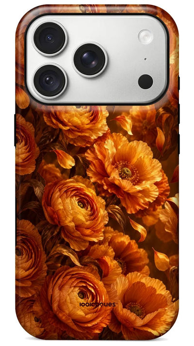 Coque Prestige Safran vue de dos : des renoncules orange safran baignées de lumière