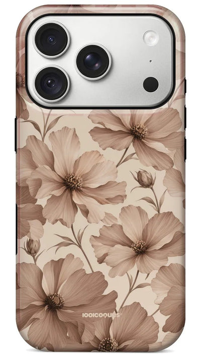 Coque Prestige Sable vue de dos : des fleurs de cosmos aux tons sable et taupe