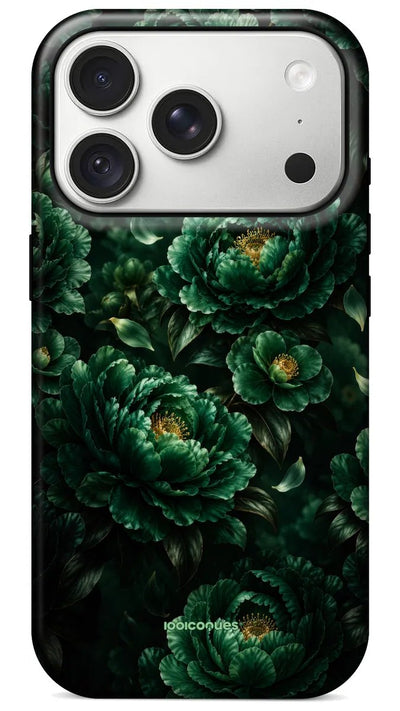 Coque Prestige Émeraude vue de dos : des pivoines vert émeraude au cœur doré sur fond sombre