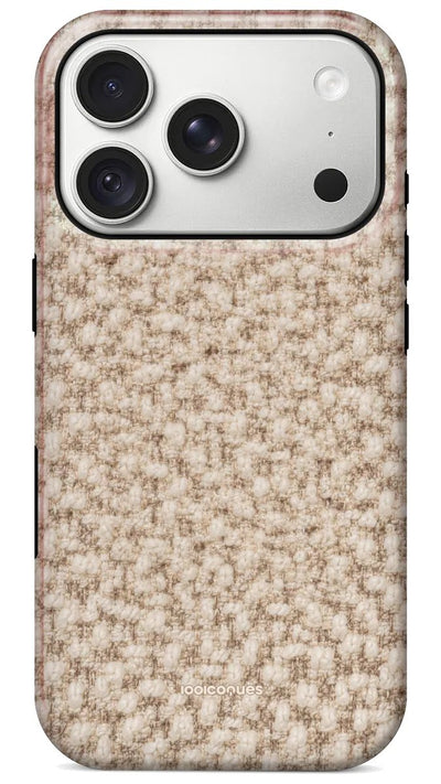Coque Prestige Bouclé vue de dos : l'effet d'un tissu bouclé crème et taupe