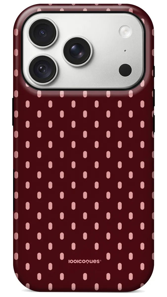 Coque Prestige Bordeaux Pois vue de dos : de petits pois rose pâle sur fond bordeaux