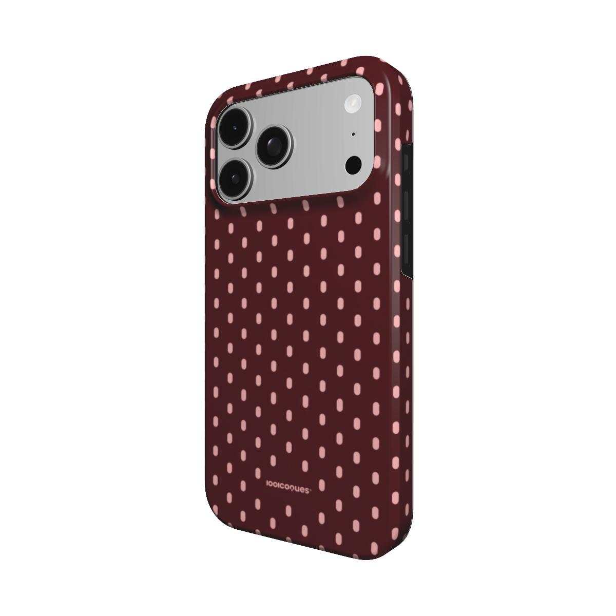 Coque Prestige Bordeaux Pois vue de trois quarts, avec le rebord de la coque